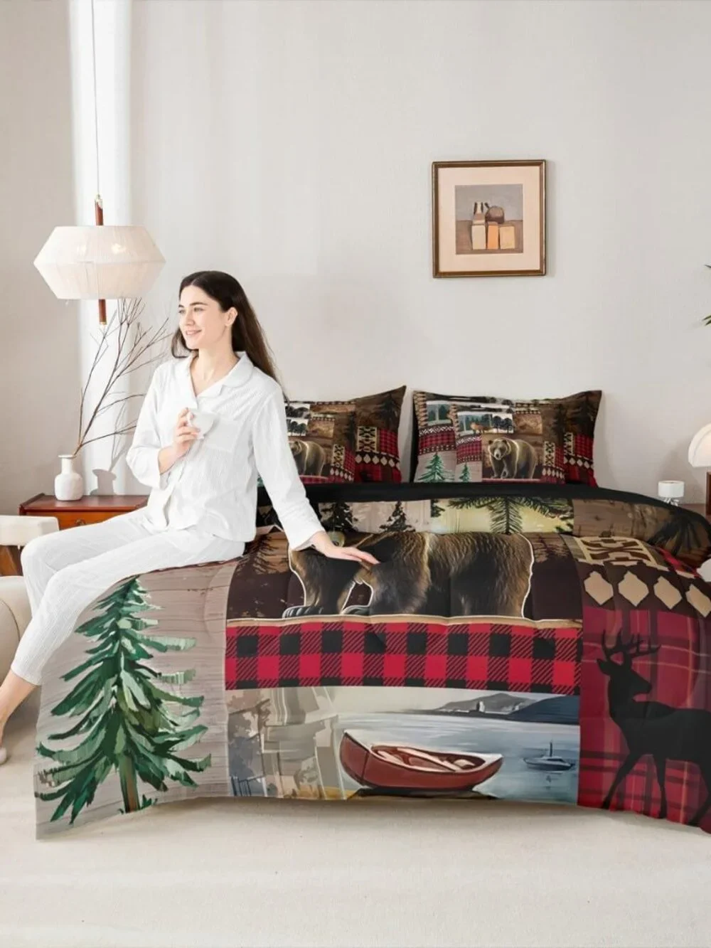 Rustic Cabin Bedding Set 7 Pieces,Hunting Bear King Size Comforter Set with Shee